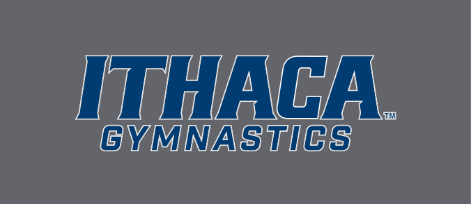 Ithaca Gymnastics logo, blue with outline on grey variant, cell 207