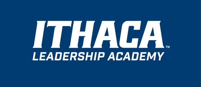 Ithaca Leadership Academy logo, white on blue variant, cell 216