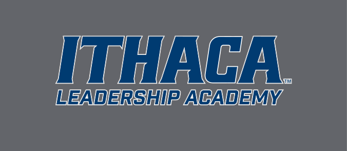 Ithaca Leadership Academy logo, blue with outline on grey variant, cell 217