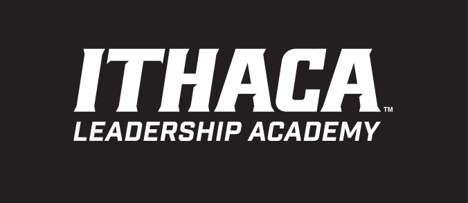 Ithaca Leadership Academy logo, white on black variant, cell 219