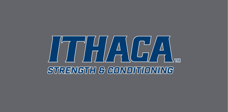 Ithaca Strength & Conditioning wordmark, blue with white outline on grey variant, cell 252