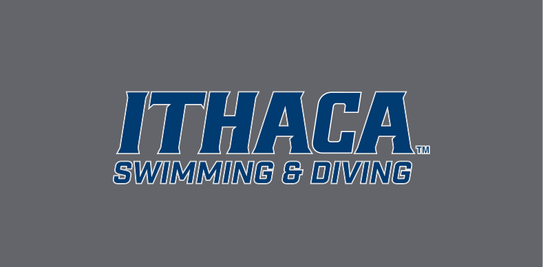 Ithaca Swimming & Diving wordmark, blue with white outline on grey variant, cell 257