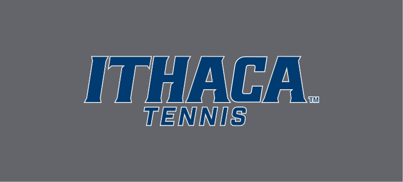 Ithaca Tennis wordmark, blue with white outline on grey variant, cell 262