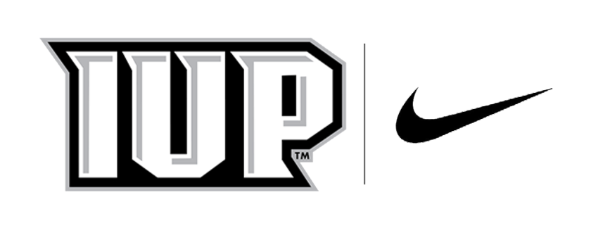 IUP logo, co-branding lockup with Nike swoosh, black and white variant