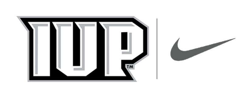 IUP logo, co-branding lockup with Nike swoosh, grey and white variant