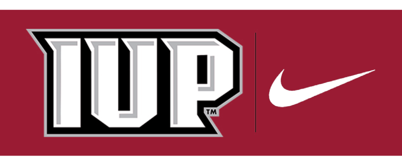 IUP logo, co-branding lockup with Nike swoosh, reversed on crimson background variant