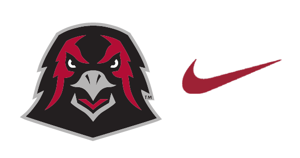IUP Crimson Hawk head logo lockup with Nike swoosh, full color variant