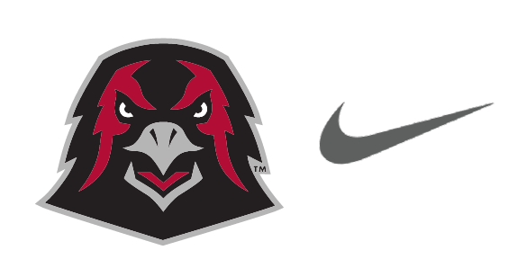 IUP Crimson Hawk head logo lockup with Nike swoosh, full color with grey swoosh variant