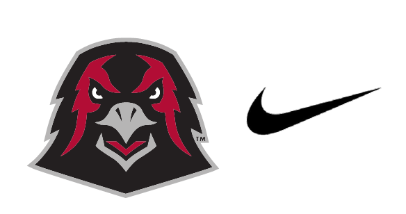 IUP Crimson Hawk head logo lockup with Nike swoosh, full color with black swoosh variant