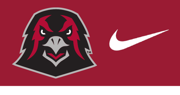 IUP Crimson Hawk head logo lockup with Nike swoosh, full color with white swoosh on crimson background variant