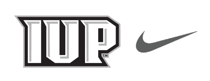IUP wordmark logo lockup with Nike swoosh, full color with grey swoosh variant