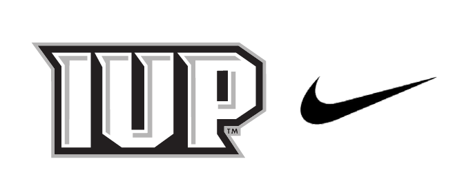 IUP wordmark logo lockup with Nike swoosh, full color with black swoosh variant