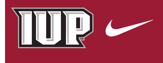IUP wordmark logo lockup with Nike swoosh, full color with white swoosh on crimson background variant