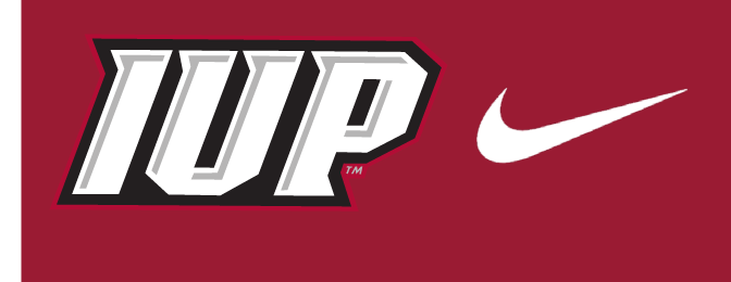 IUP Football wordmark logo lockup with Nike swoosh, full color with white swoosh on crimson background variant