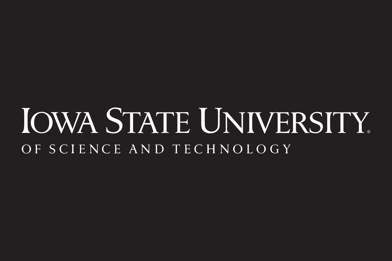 Iowa State University of Science and Technology wordmark, white on black, serif tagline variant, cell 73