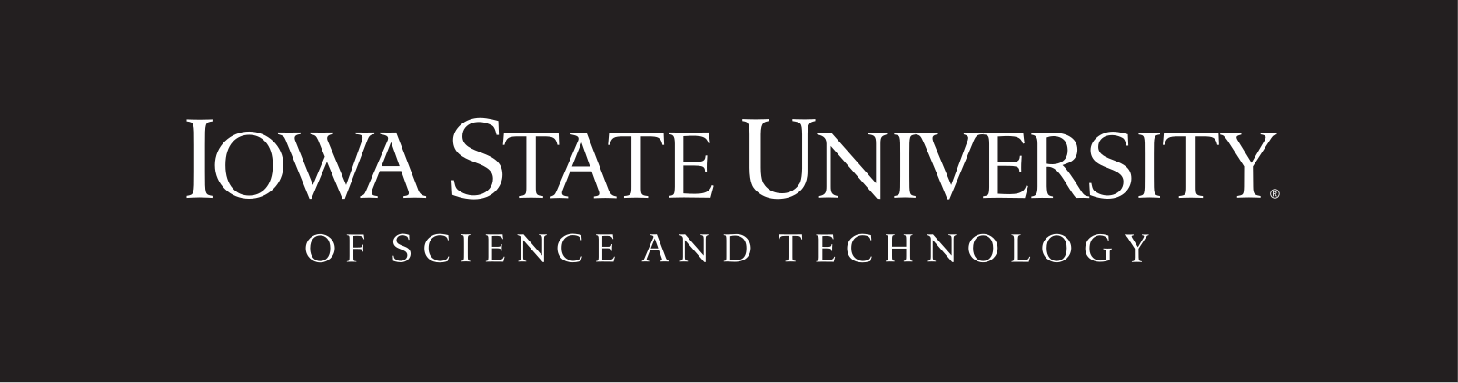 Iowa State University of Science and Technology wordmark, white on black, sans-serif tagline variant, cell 72