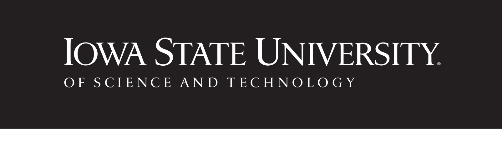 Iowa State University of Science and Technology wordmark, white on black, serif tagline variant, cell 73