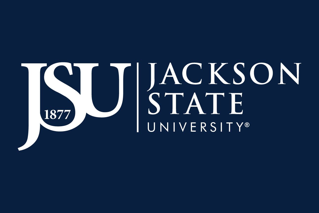 Jackson State University logo, horizontal white on blue variant, cell 2