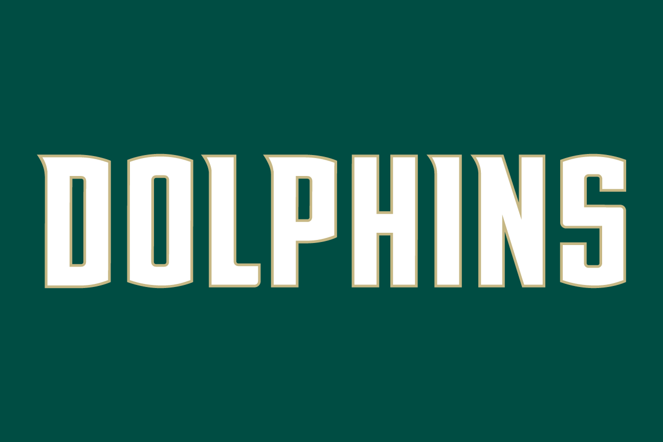 Dolphins wordmark, white and gold on green variant, cell 44