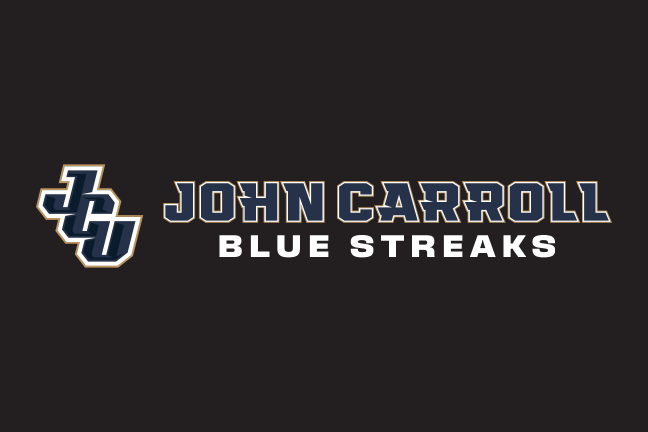 JC logo with John Carroll Blue Streaks wordmark, horizontal, color on black variant, cell 21