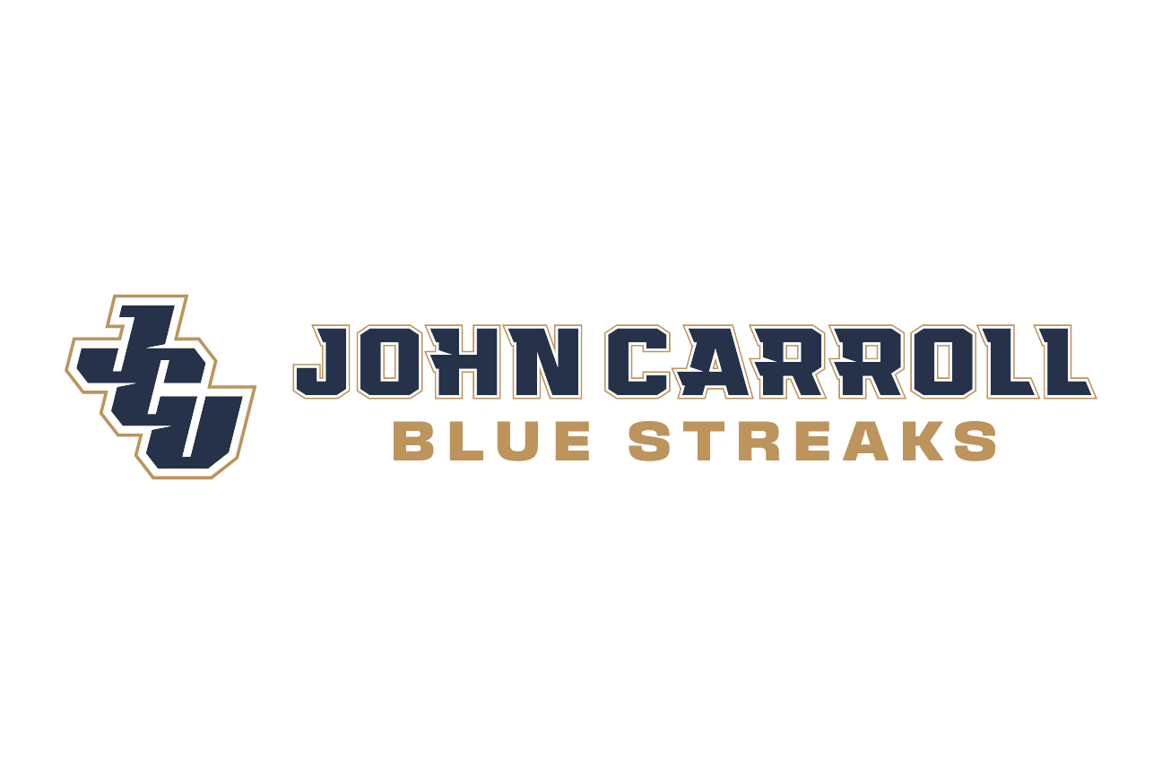 JC logo with John Carroll Blue Streaks wordmark, horizontal, gold/blue on white variant, cell 22