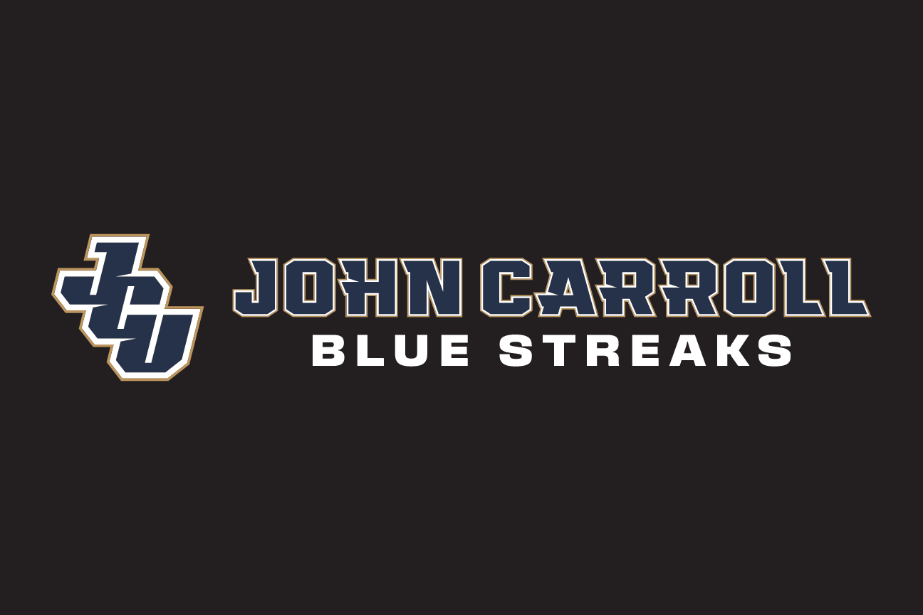 JC logo with John Carroll Blue Streaks wordmark, horizontal, outline on black variant, cell 23