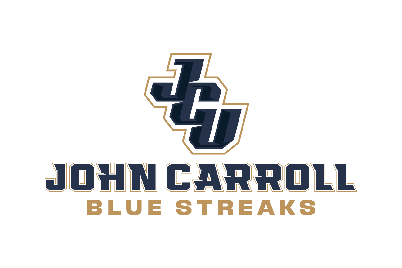 JC logo with John Carroll Blue Streaks wordmark, stacked, gold/blue on white variant, cell 28