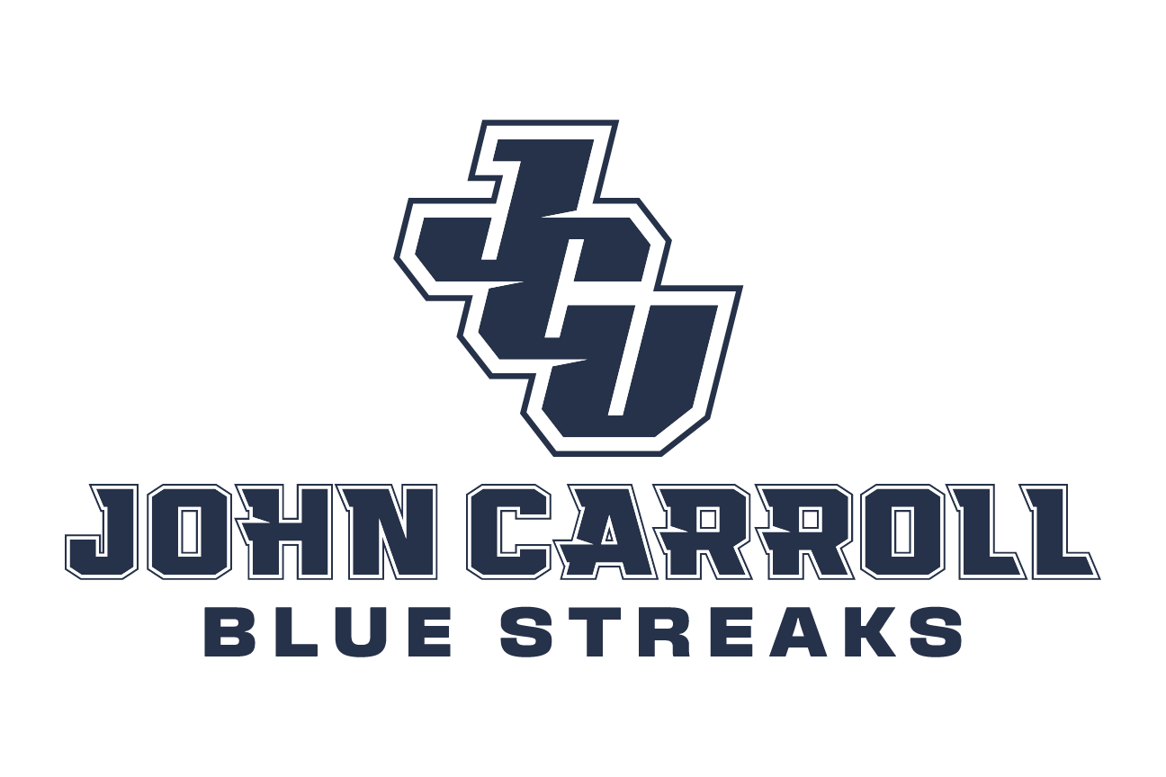 JC logo with John Carroll Blue Streaks wordmark, stacked, blue on white variant, cell 30