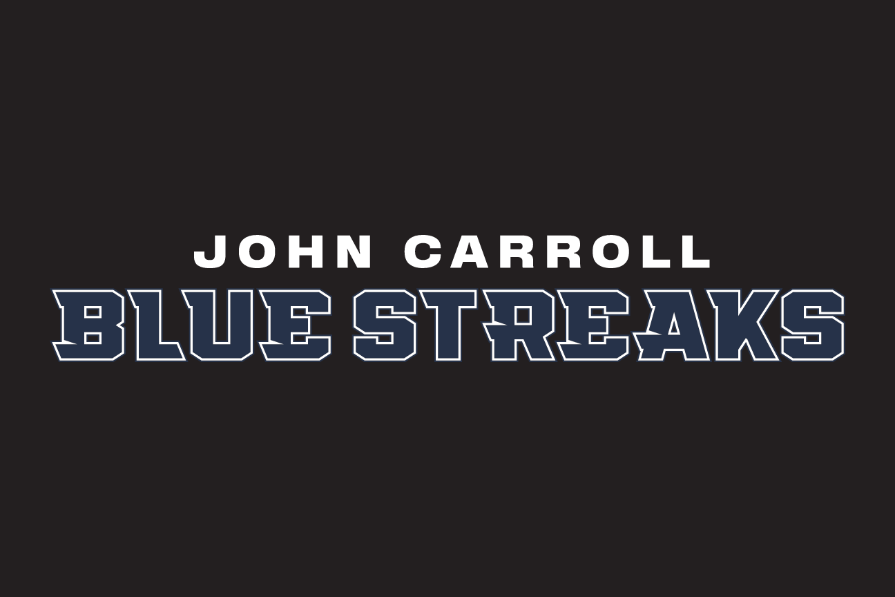 John Carroll University Blue Streaks wordmark, blue/white on black variant, cell 39