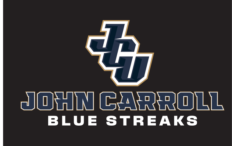 JC logo with John Carroll Blue Streaks wordmark, stacked, color on black variant, cell 27