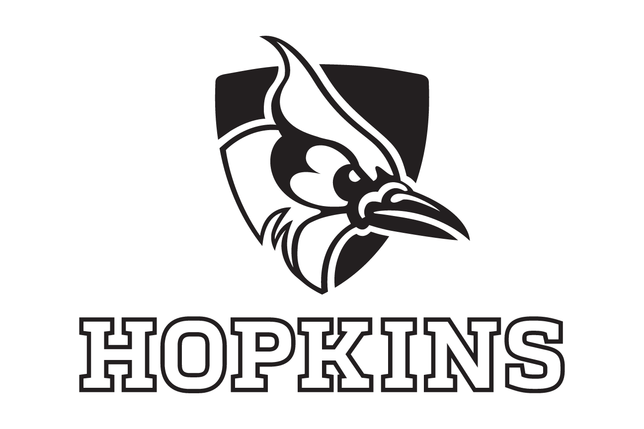 Blue Jay head with HOPKINS wordmark, black/white variant, cell 41