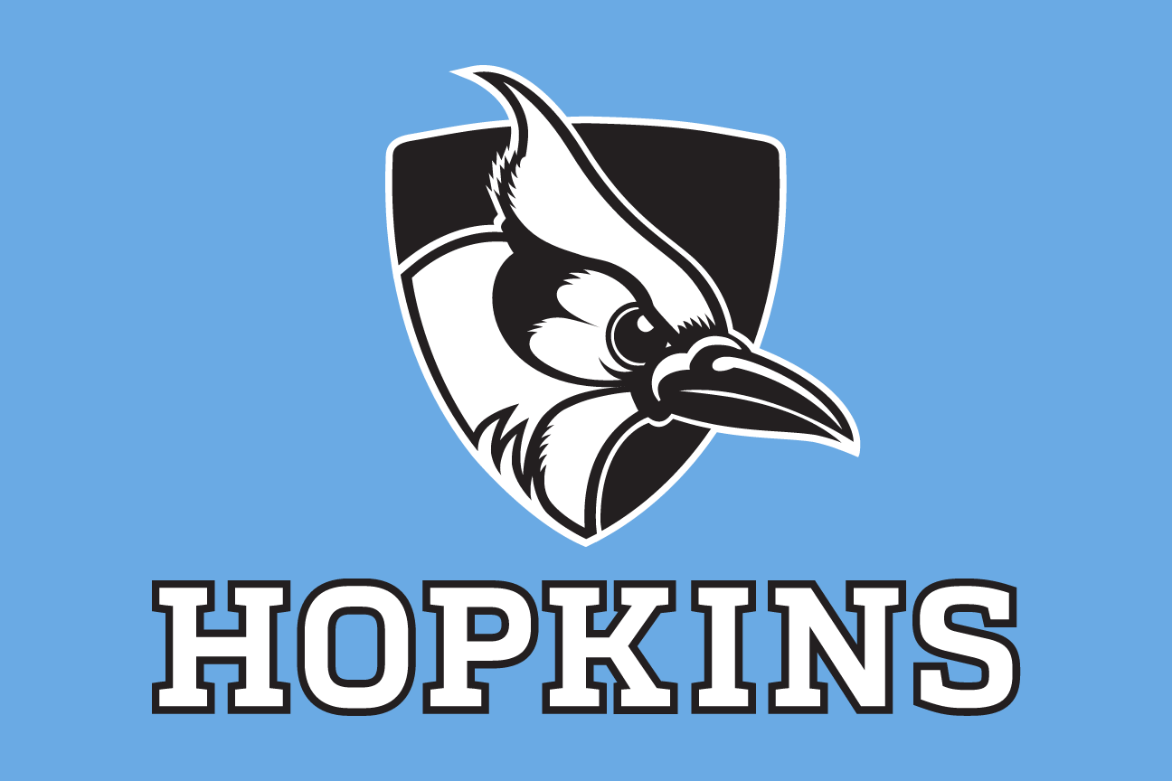 Blue Jay head with HOPKINS wordmark, white on navy variant, cell 43