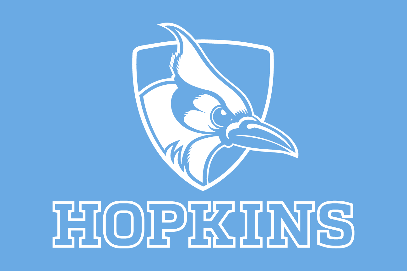 Blue Jay head with HOPKINS wordmark, white on blue variant, cell 44