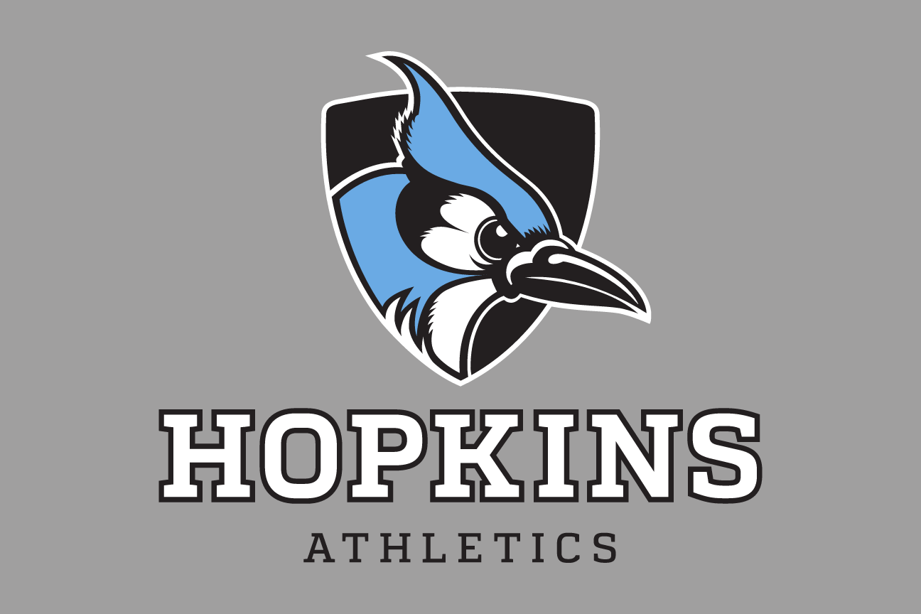 Hopkins Athletics lockup, stacked color on grey variant, cell 55