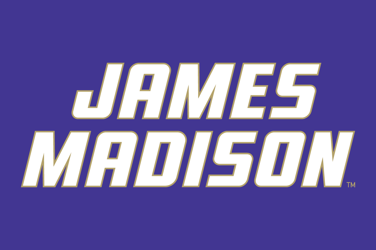 James Madison wordmark, stacked white on purple variant, cell 16