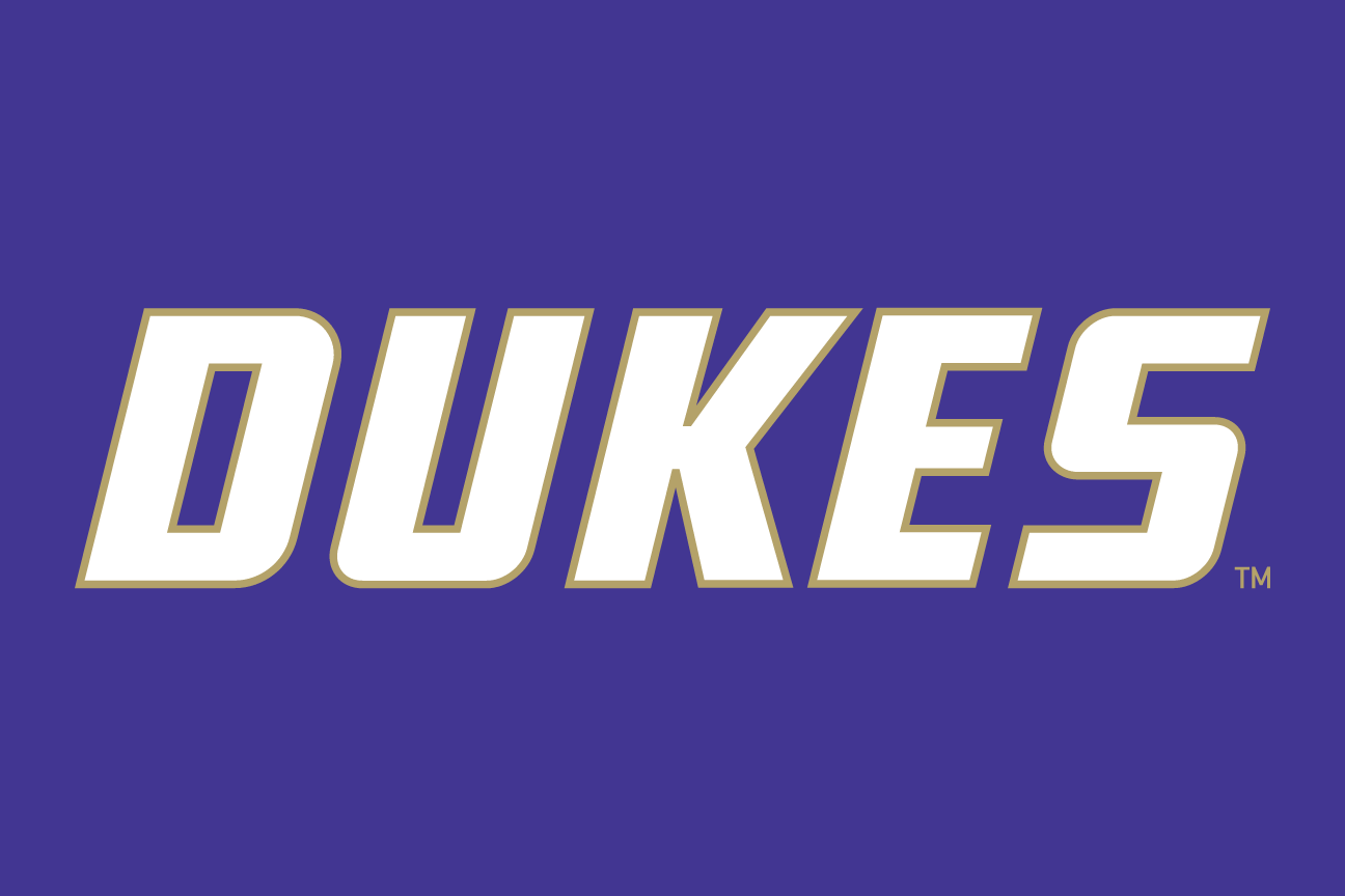 Dukes wordmark, white on purple variant, cell 19