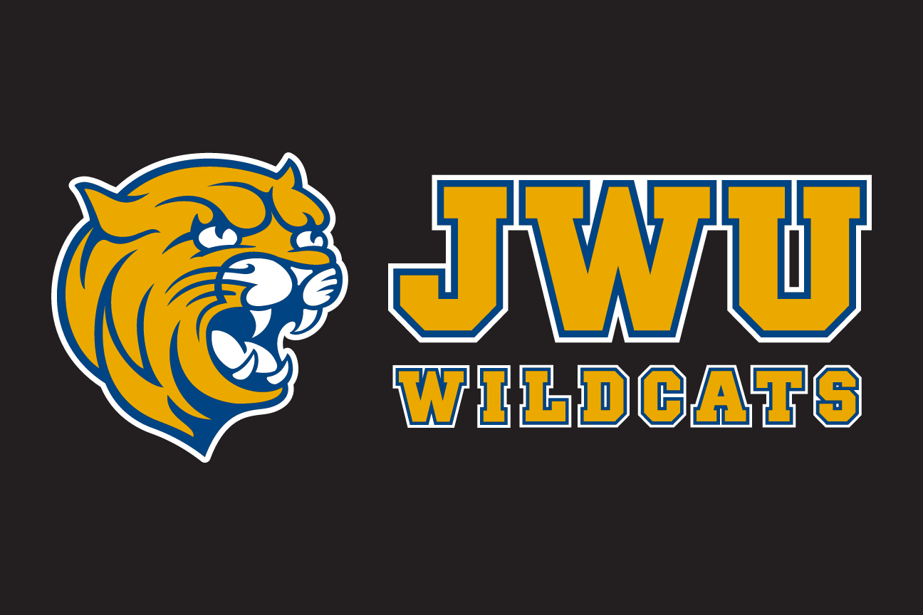 mascot head with JWU Wildcats wordmark, color on black variant, cell 82