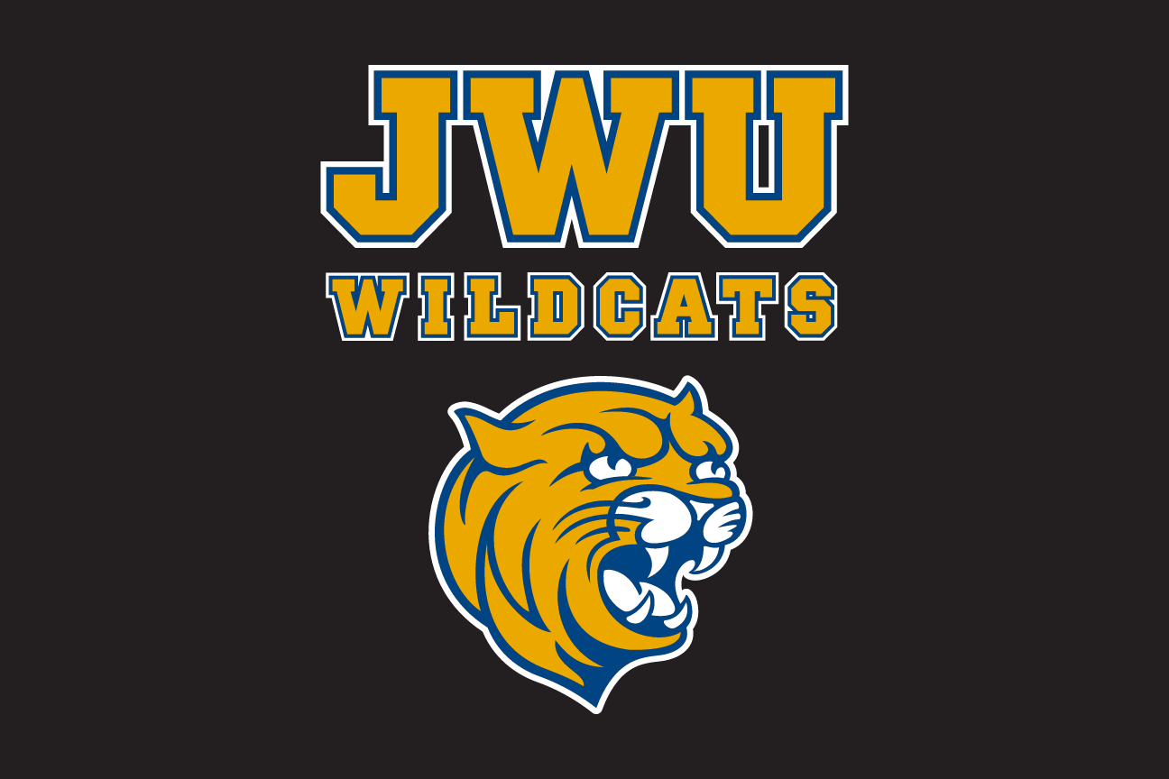 JWU Wildcats wordmark with mascot head, color on black variant, cell 85