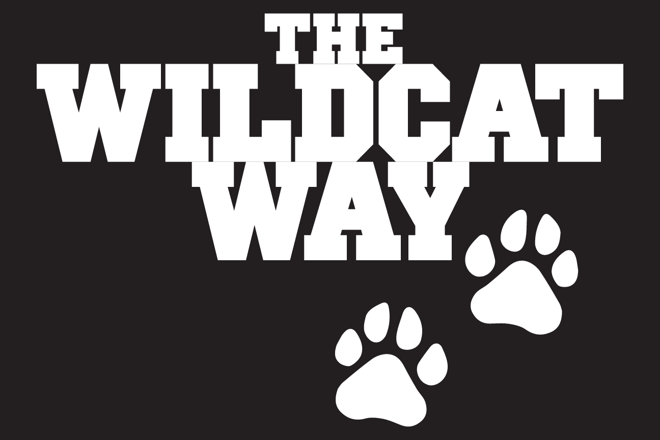 The Wildcat Way wordmark with paws, white on black variant, cell 94