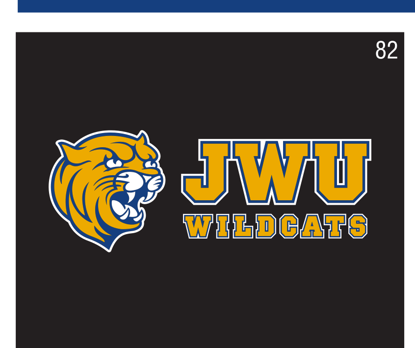 mascot head with JWU Wildcats wordmark, color on black variant, cell 82