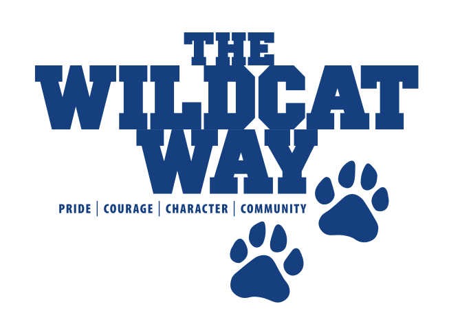 The Wildcat Way wordmark with paws and tagline, blue on white variant, cell 96