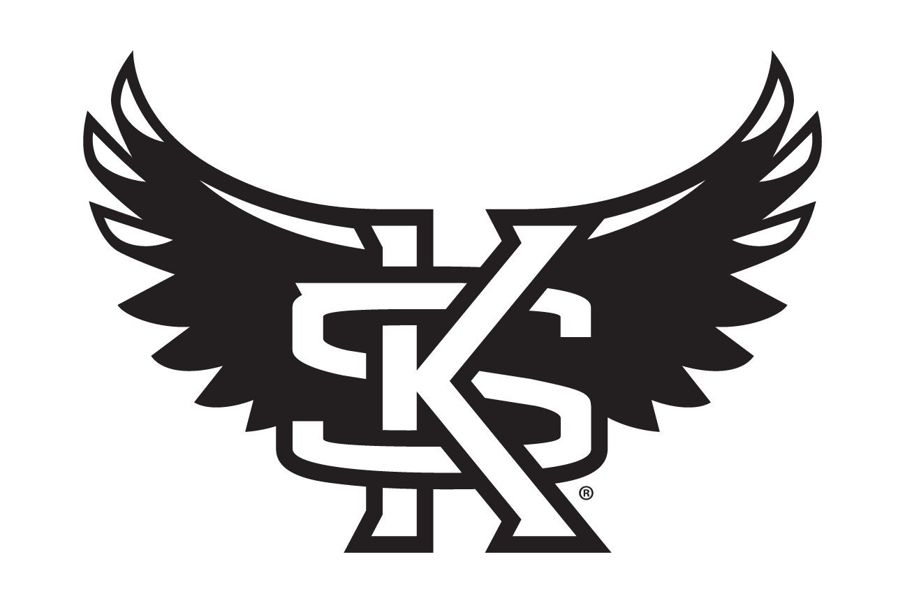 Owl mascot head with wings and KS, black outline variant, cell 15