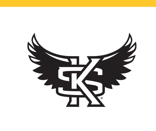 Owl mascot head with wings and KS, black outline variant, cell 15
