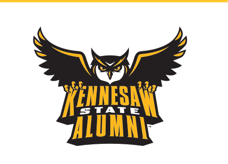 Owl head with Alumni wordmark, color on white variant, cell 42