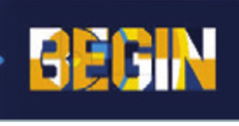 BEGIN, wordmark, yellow/white variant