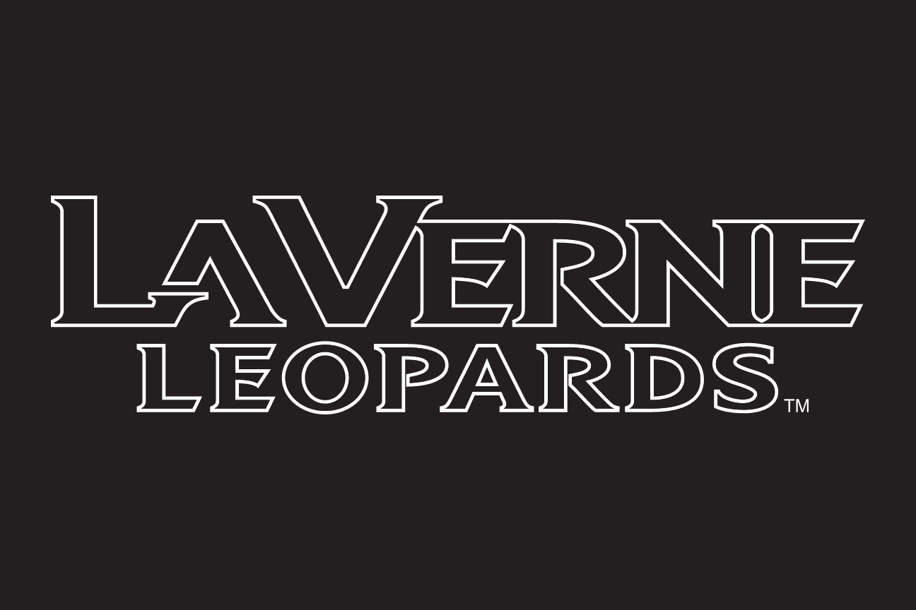 LA VERNE LEOPARDS wordmark, grey and white, black background, wide leopards variant, cell 29