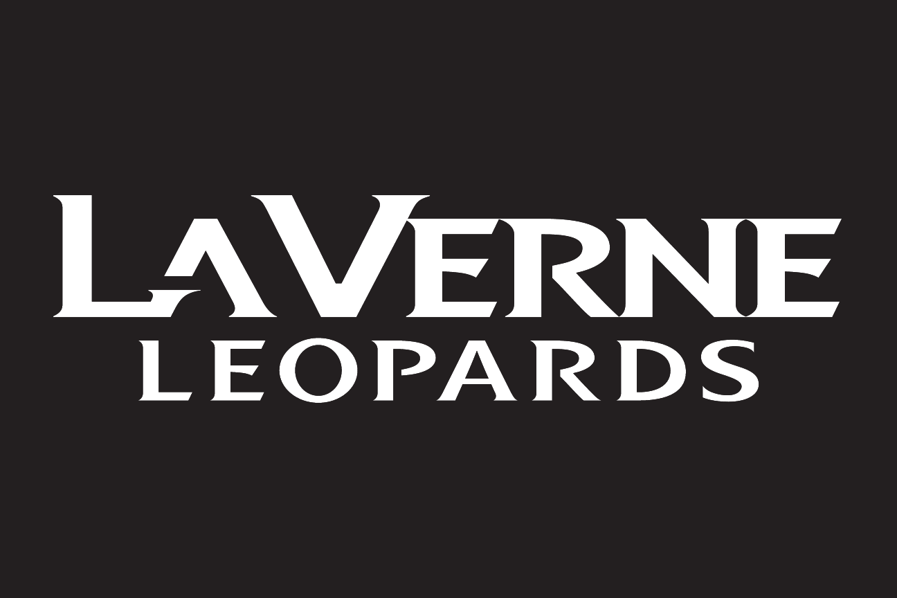 LA VERNE LEOPARDS wordmark, serif, white and black, black background variant, cell 44