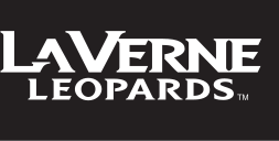 LA VERNE LEOPARDS wordmark, serif, white and black, black background variant, cell 44