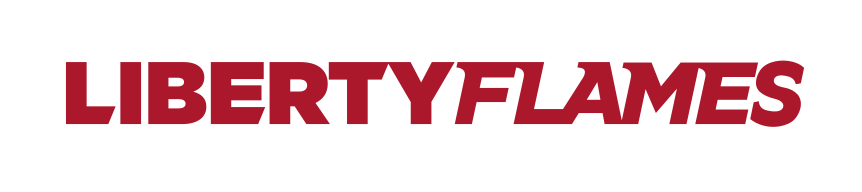 Liberty Flames wordmark, horizontal red variant, cell 35