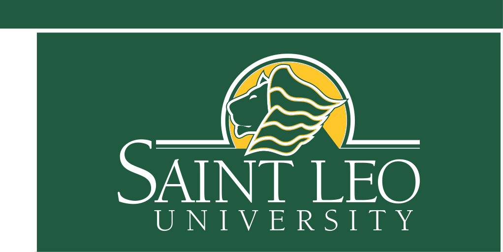 Saint Leo University logo, full color, stacked, on green variant, cell 3